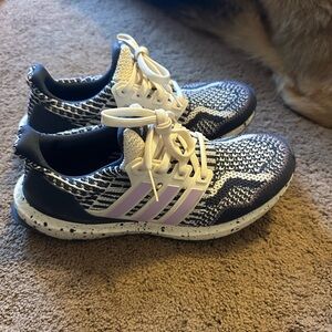 Adidas Kids' Black and White Sneakers with Purple Accents